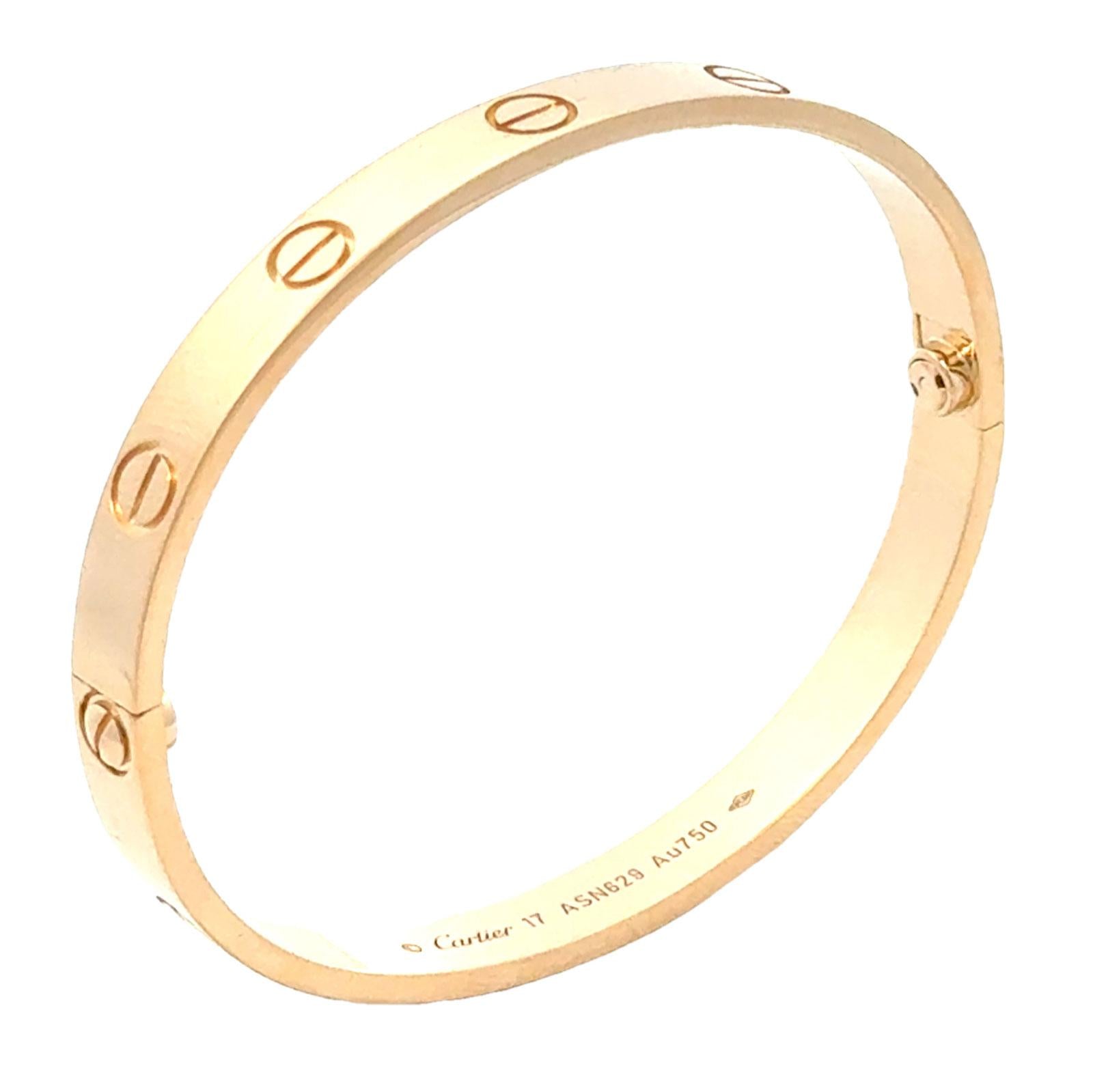 Cartier LOVE 18 Karat Yellow Gold Bangle Bracelet Size 17 New Style