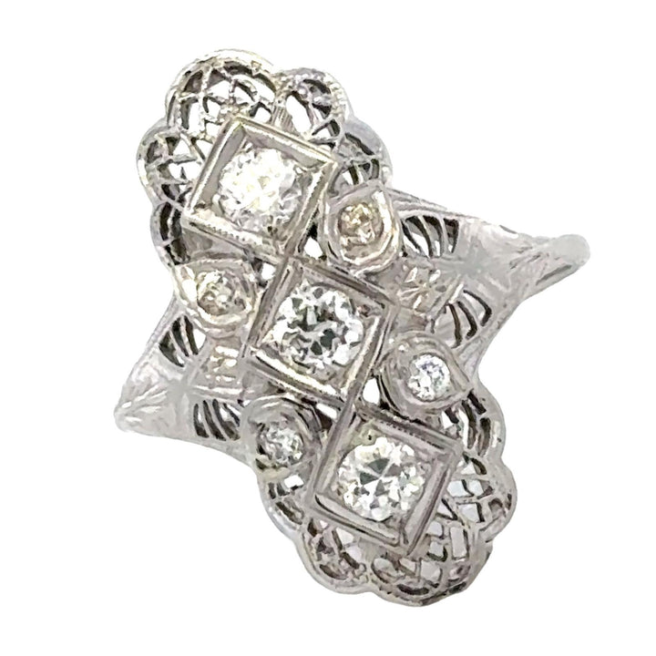 Art Deco Diamond 18 Karat White Gold Filigreen Cocktail Ring