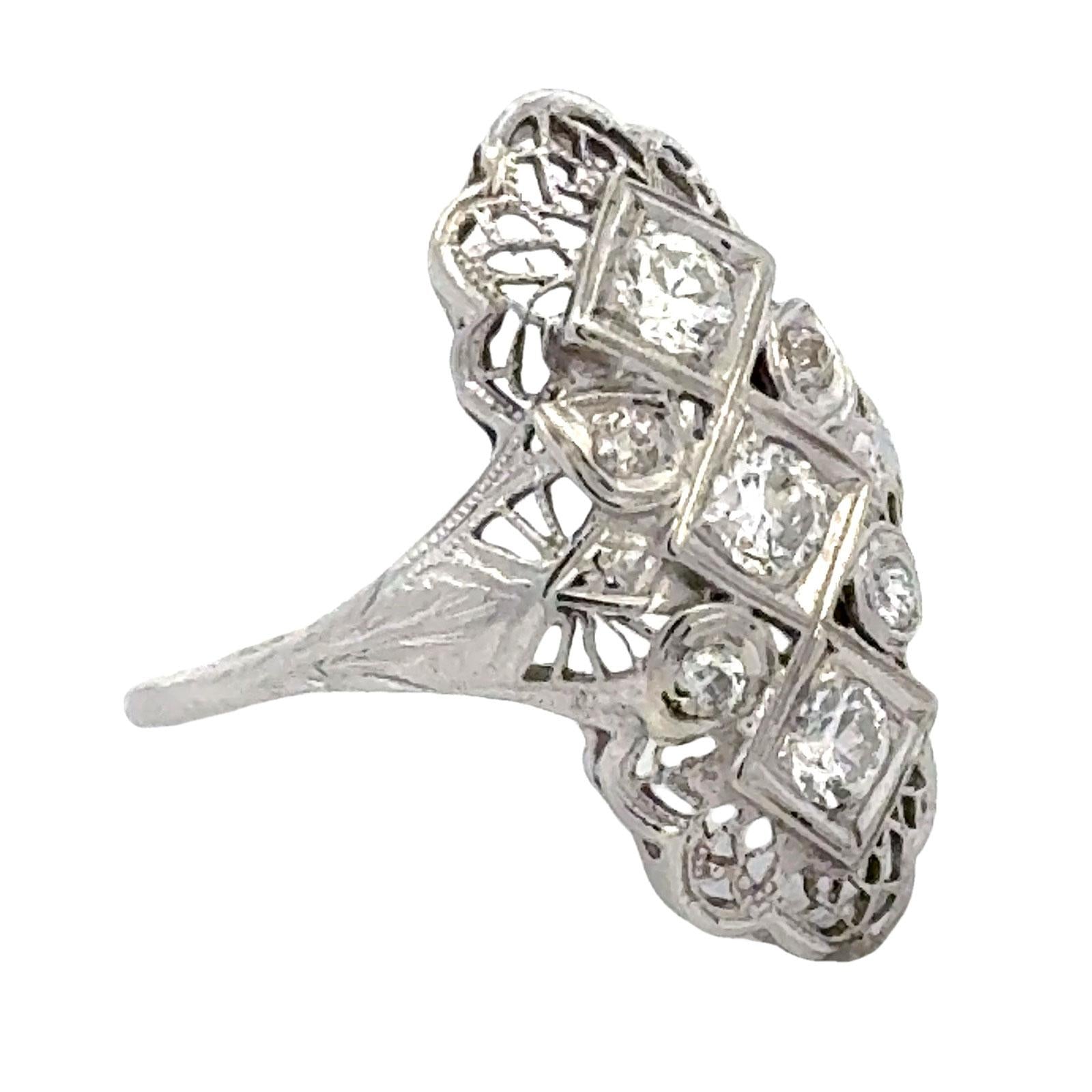 Art Deco Diamond 18 Karat White Gold Filigreen Cocktail Ring