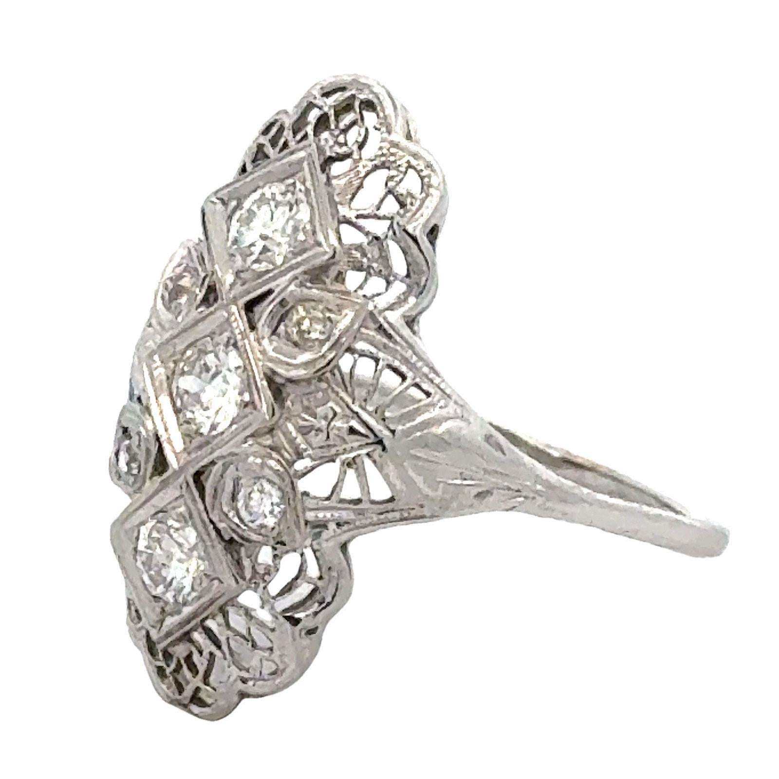 Art Deco Diamond 18 Karat White Gold Filigreen Cocktail Ring