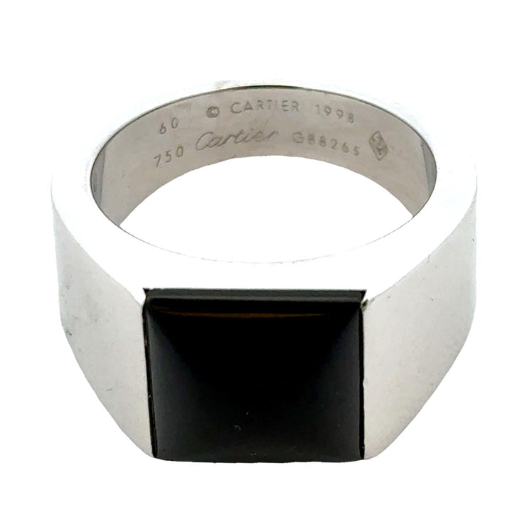 1998 Cartier Onyx 18 Karat White Gold Men's Tank Ring Size 60 Box & Papers