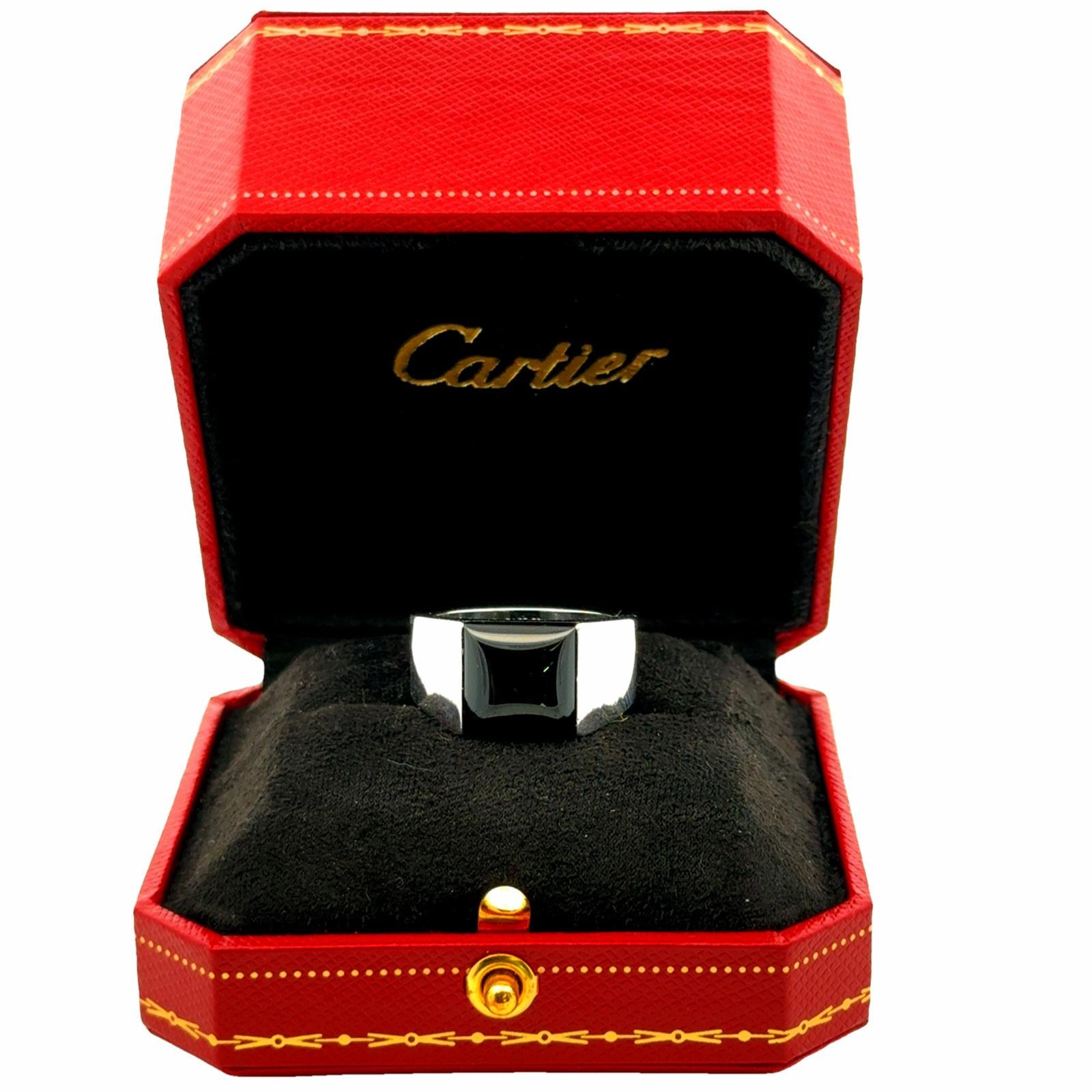 1998 Cartier Onyx 18 Karat White Gold Men's Tank Ring Size 60 Box & Papers