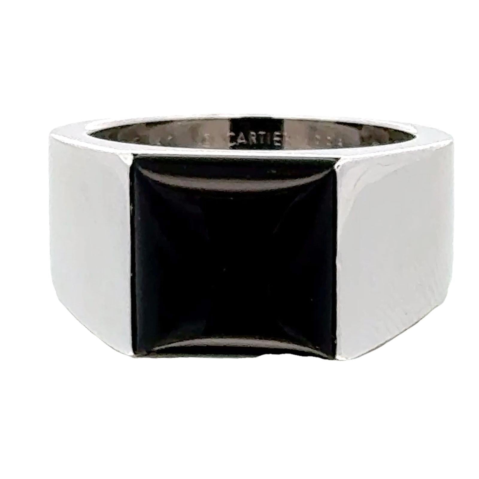 1998 Cartier Onyx 18 Karat White Gold Men's Tank Ring Size 60 Box & Papers