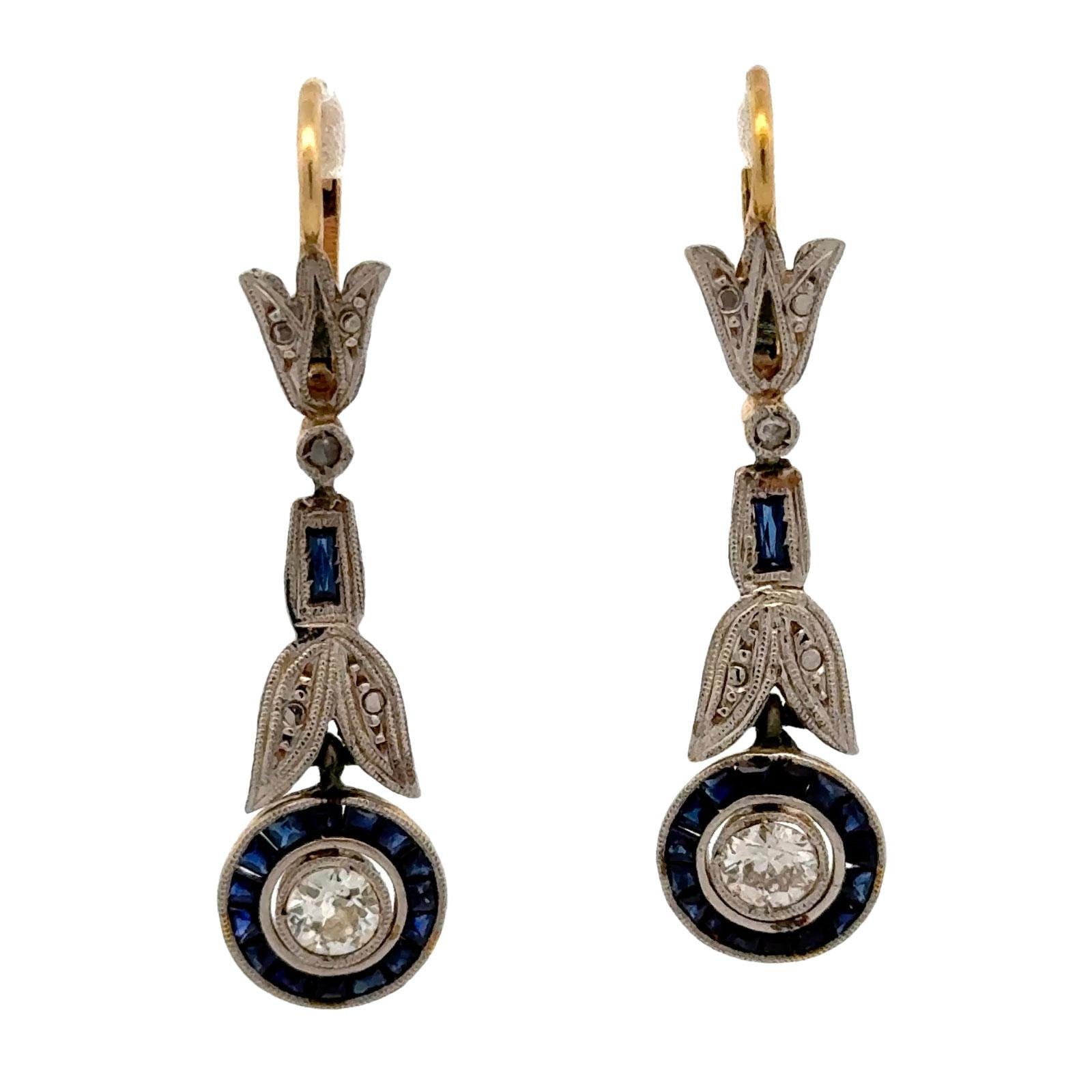 Art Deco Diamond Sapphire Platinum Yellow Gold Dangle Vintage Earrings