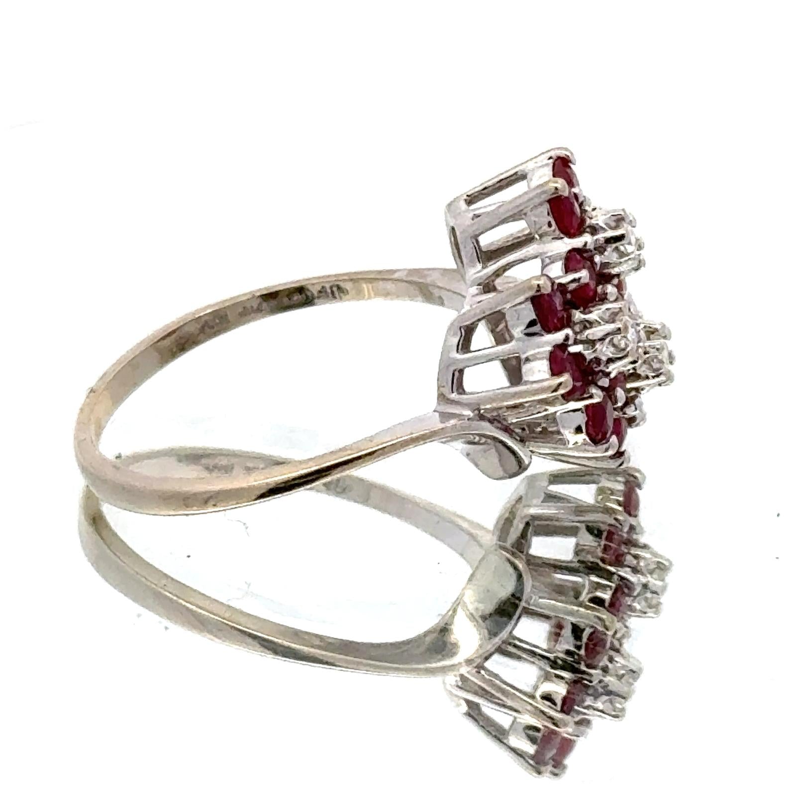 Late 20th Century Diamond Ruby 14 Karat White Gold Floral Motif Vintage Ring