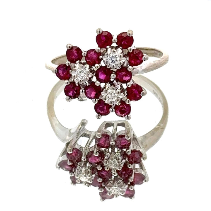 Late 20th Century Diamond Ruby 14 Karat White Gold Floral Motif Vintage Ring