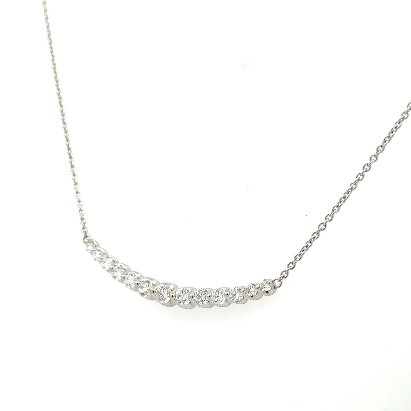 Modern Round Brilliant Diamond 18 Karat White Gold Curved Bar Pendant Necklace