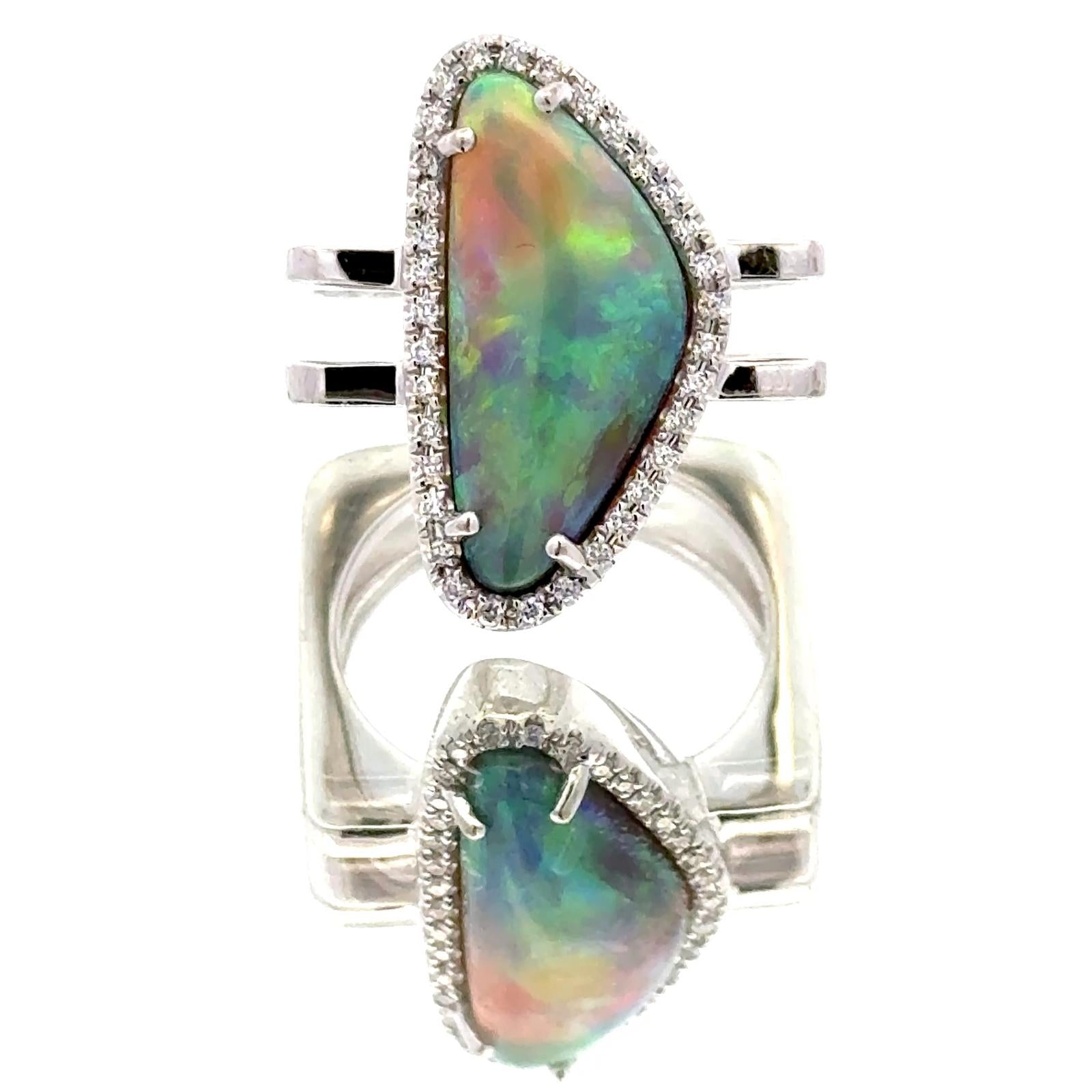 Modern Black Opal Diamond 18 Karat White Gold Contemporary Two Row Band Ring