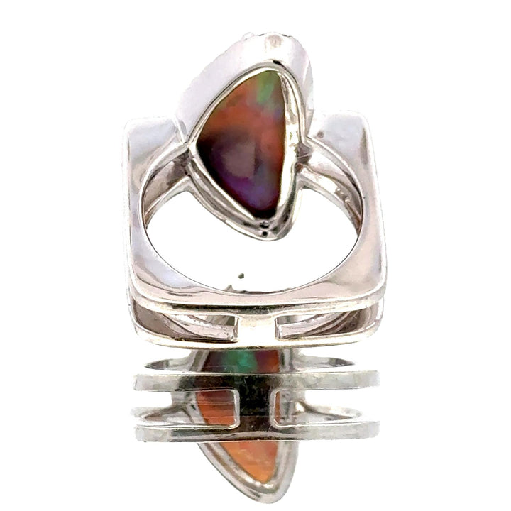 Modern Black Opal Diamond 18 Karat White Gold Contemporary Two Row Band Ring