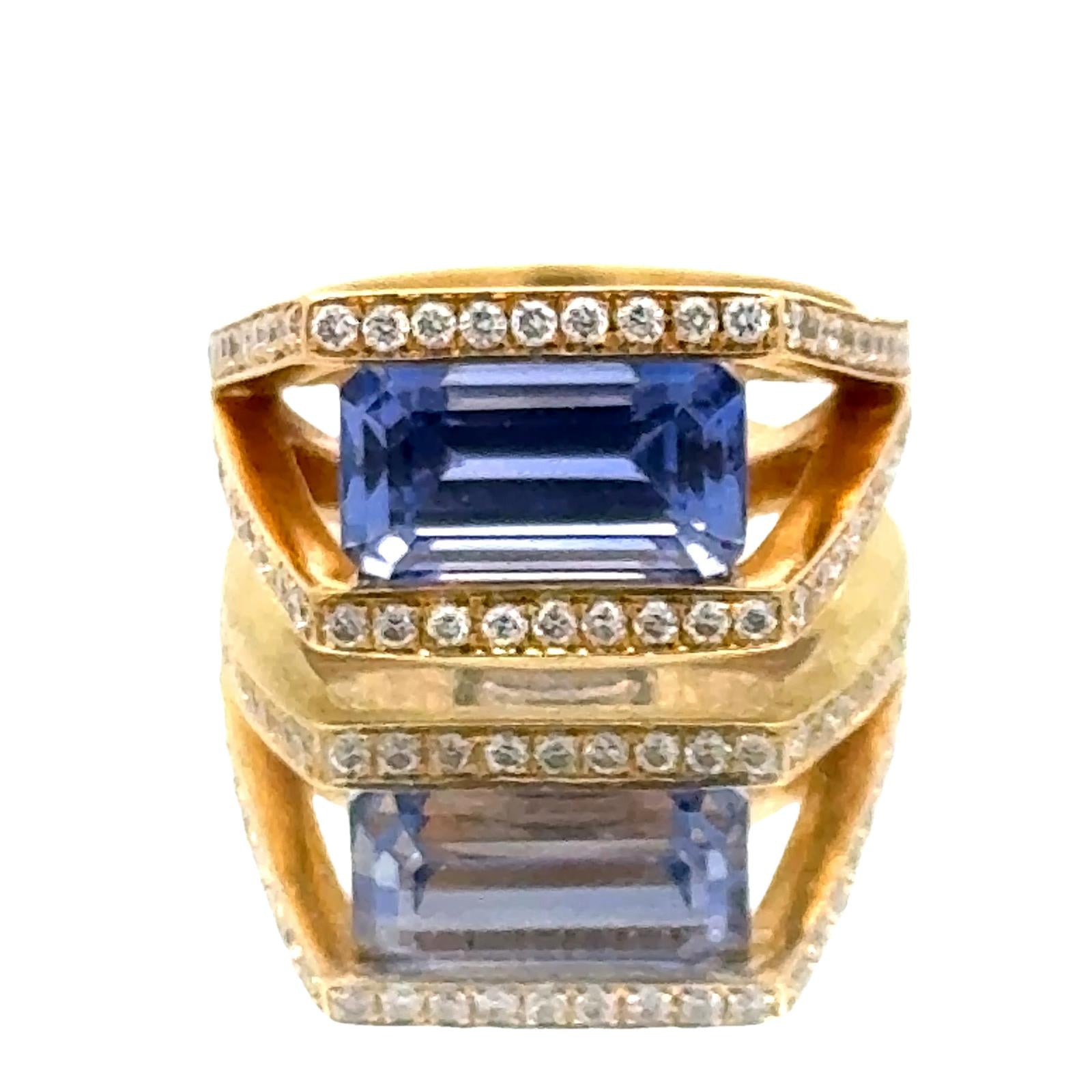 Modern 5-Carat Emerald Cut Natural Blue Sapphire Diamond 18K Yellow Gold Ring