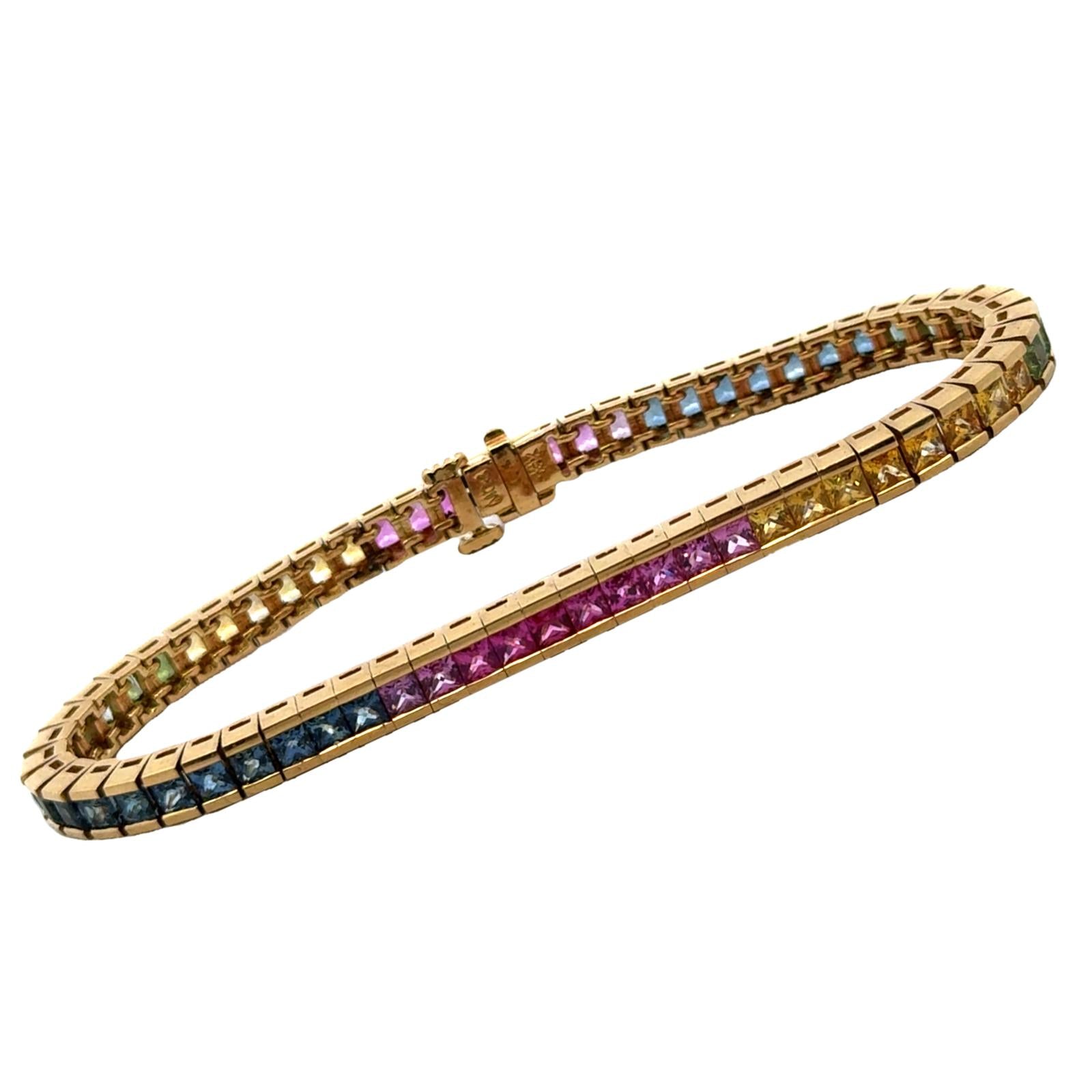 Multi-Color Rainbow Sapphire 18 Karat Yellow Gold Line Tennis Bracelet