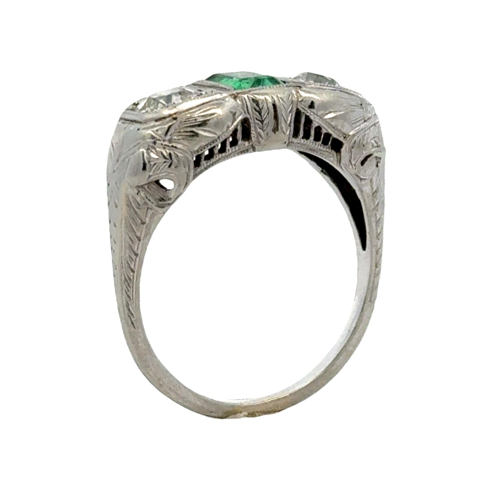 Art Deco Emerald Old European Cut Diamond 18 Karat White Gold Ring