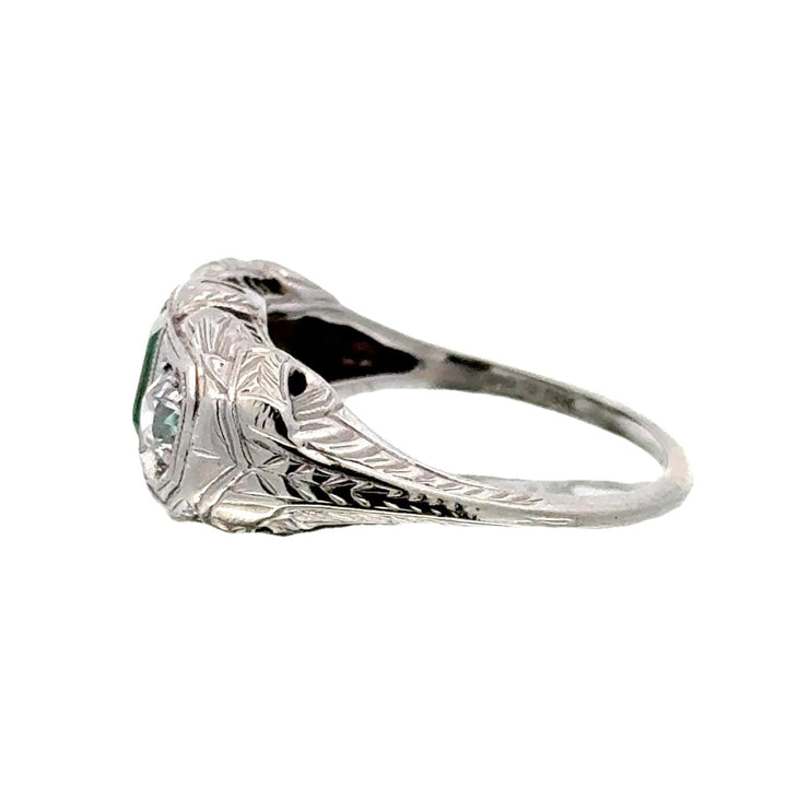 Art Deco Emerald Old European Cut Diamond 18 Karat White Gold Ring