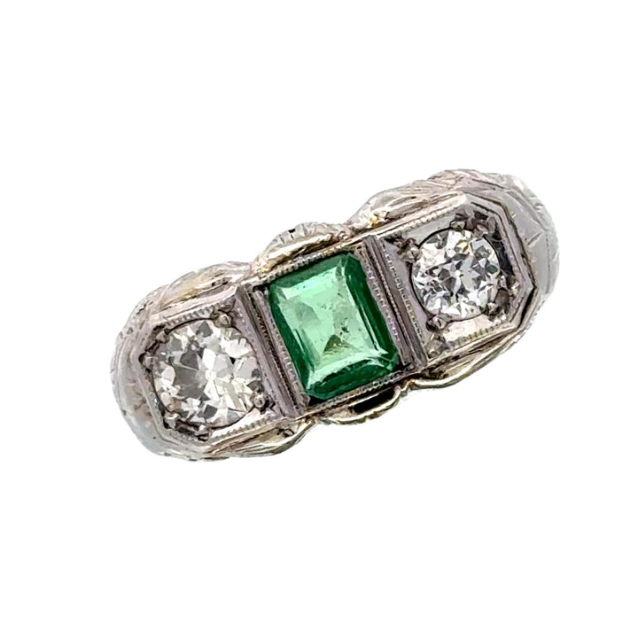 Art Deco Emerald Old European Cut Diamond 18 Karat White Gold Ring