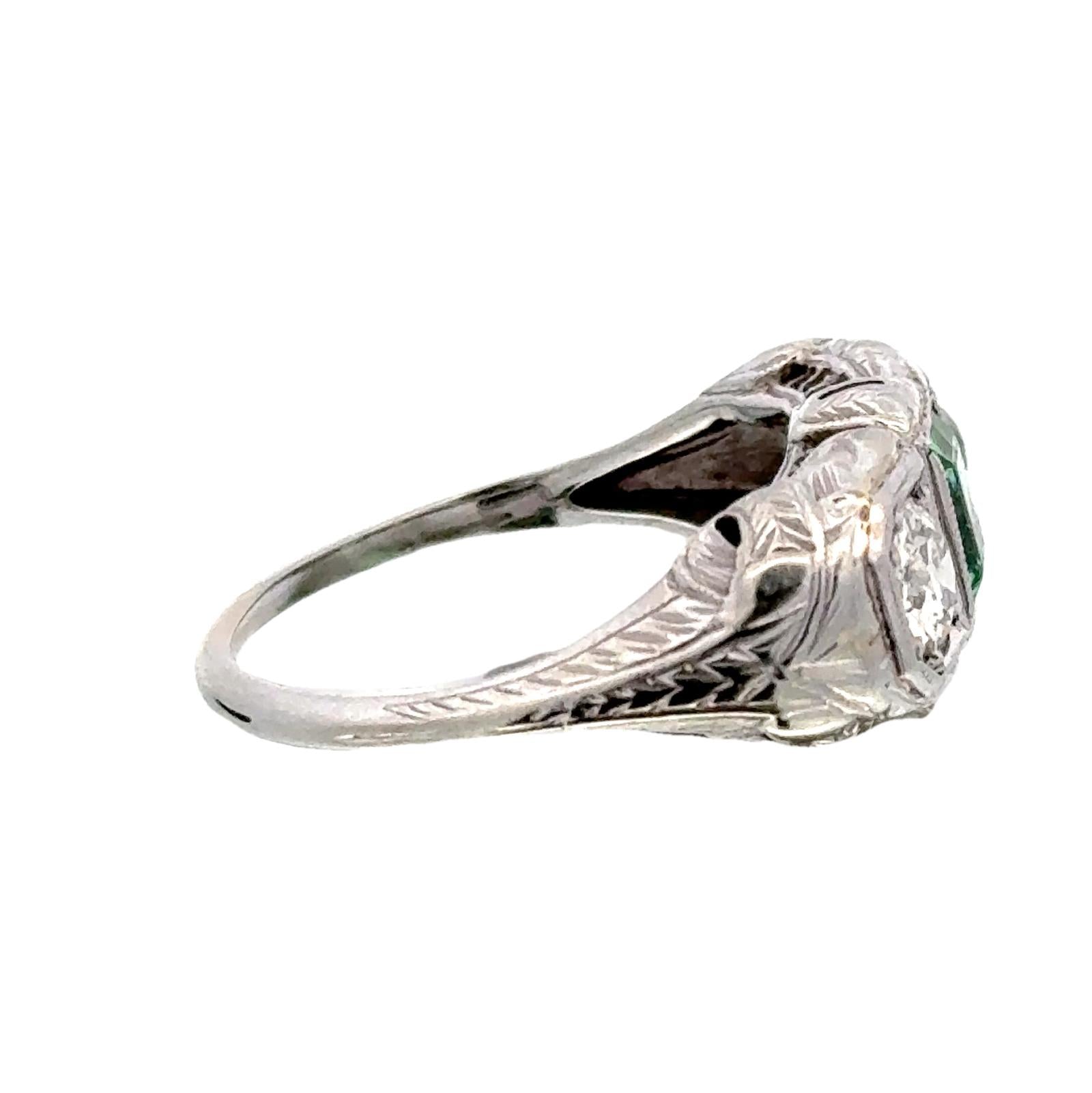 Art Deco Emerald Old European Cut Diamond 18 Karat White Gold Ring