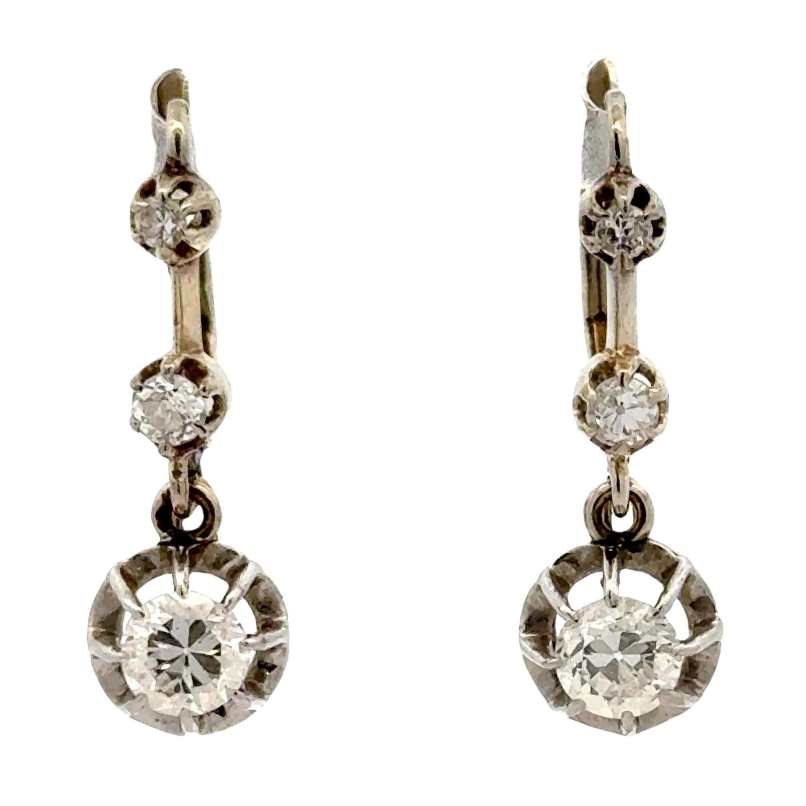 Art Deco Old European Cut Diamond Drop Platinum 14KWG Vintage Earrings