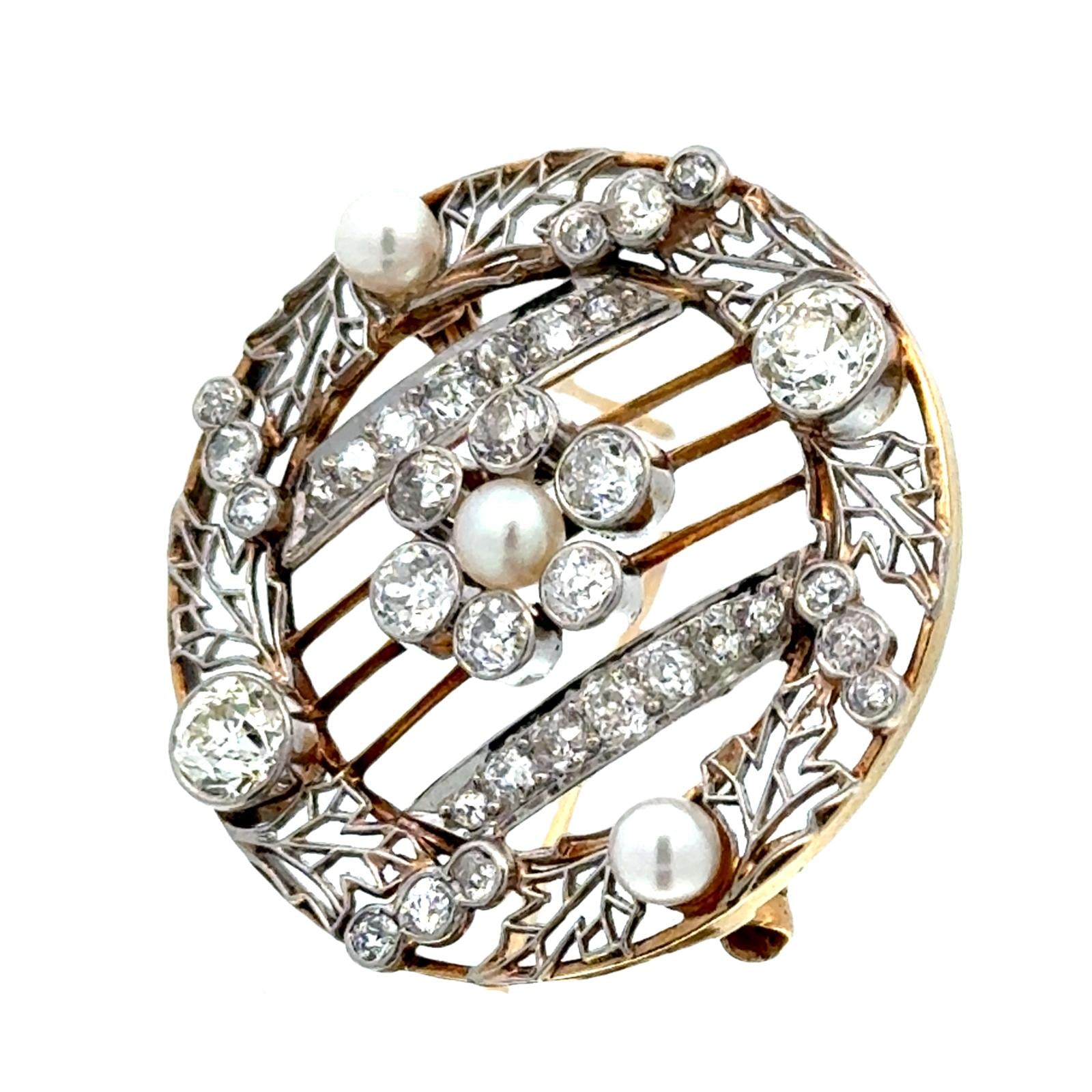 Edwardian Diamond Pearl 14KYG Platinum Circle Filigree Antique Brooch Pin