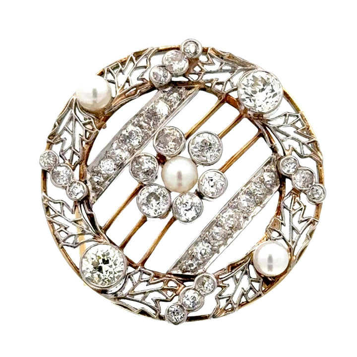 Edwardian Diamond Pearl 14KYG Platinum Circle Filigree Antique Brooch Pin