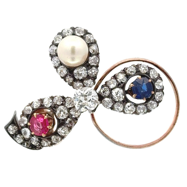 Victorian Diamond Sapphire Ruby Pearl 14KYG/SS Antique Bow Brooch Pin