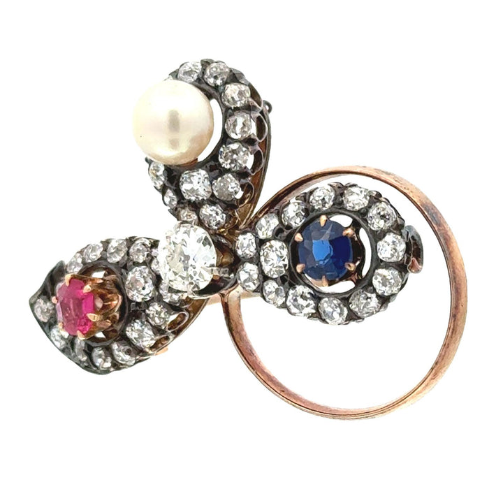 Victorian Diamond Sapphire Ruby Pearl 14KYG/SS Antique Bow Brooch Pin