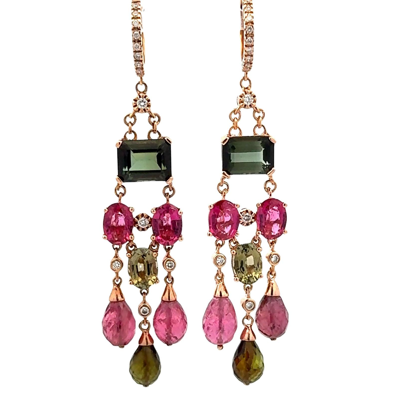 Diamond Pink Sapphire Pink & Green Tourmaline Dangle Drop 14K Rose Gold Earrings