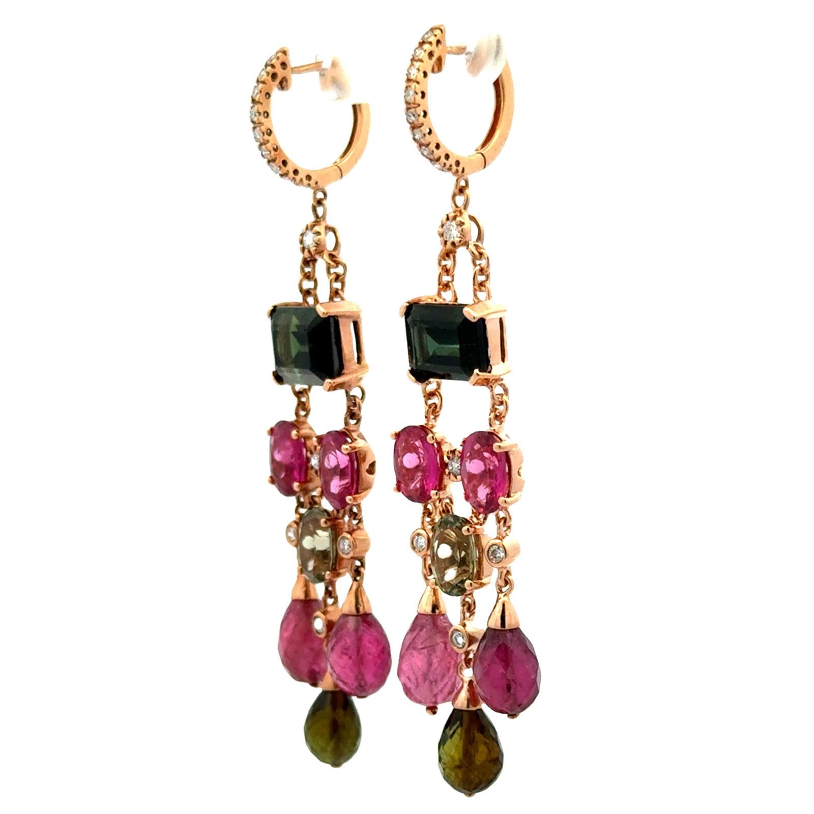 Diamond Pink Sapphire Pink & Green Tourmaline Dangle Drop 14K Rose Gold Earrings