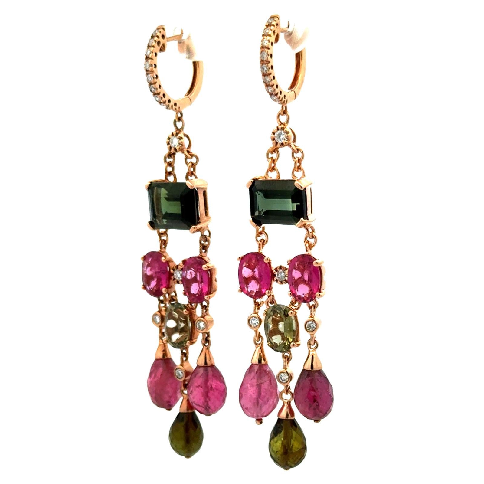 Diamond Pink Sapphire Pink & Green Tourmaline Dangle Drop 14K Rose Gold Earrings