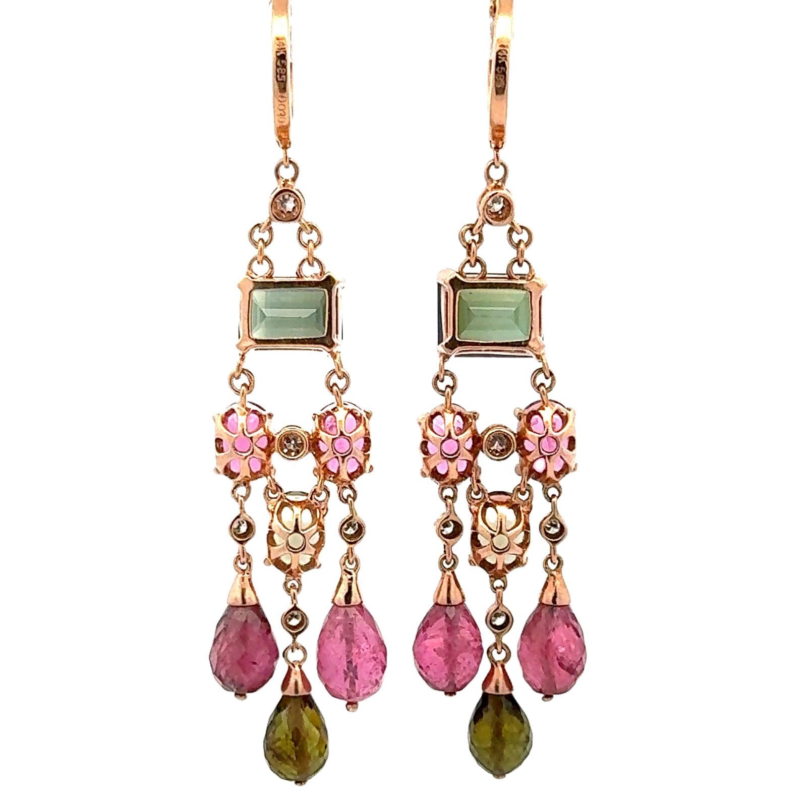 Diamond Pink Sapphire Pink & Green Tourmaline Dangle Drop 14K Rose Gold Earrings