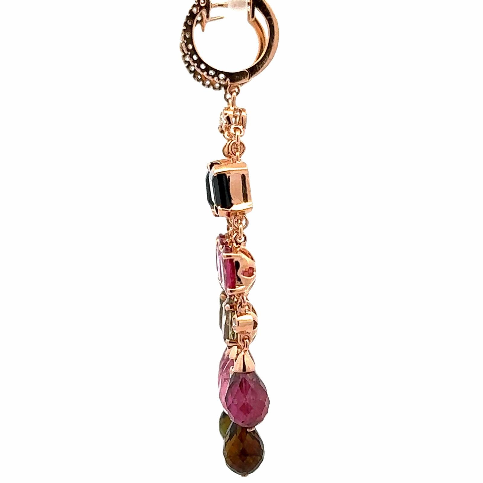 Diamond Pink Sapphire Pink & Green Tourmaline Dangle Drop 14K Rose Gold Earrings