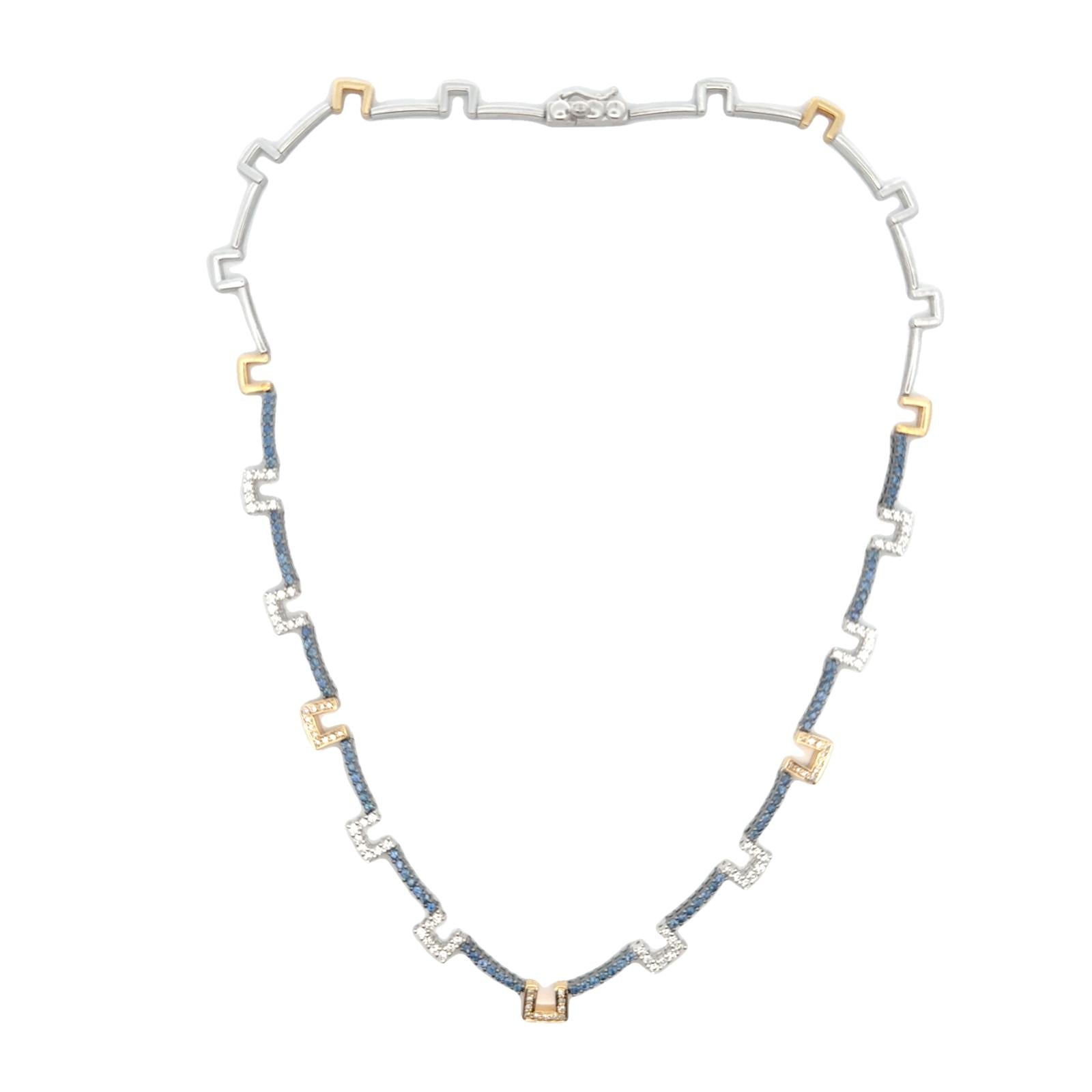 Diamond Blue Sapphire 18 Karat Two Tone Gold Modern Link Necklace