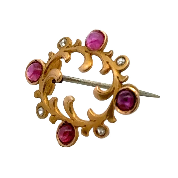 Art Nouveau Rose Cut Diamond Ruby 14 Karat Yellow Gold Brooch