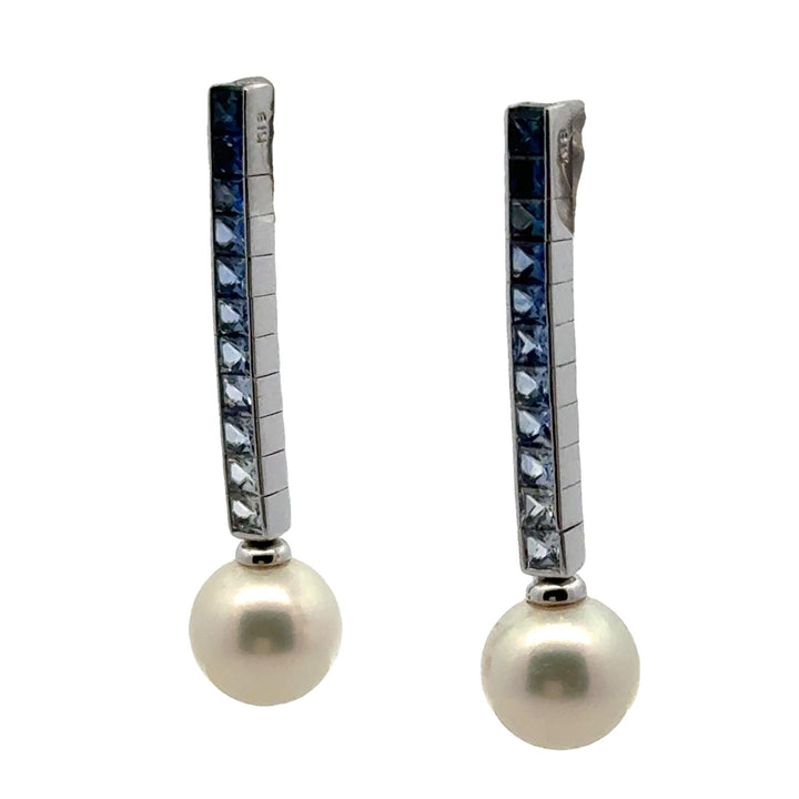 Sapphire Cultured Pearl 18 Karat White Gold Drop Earrings