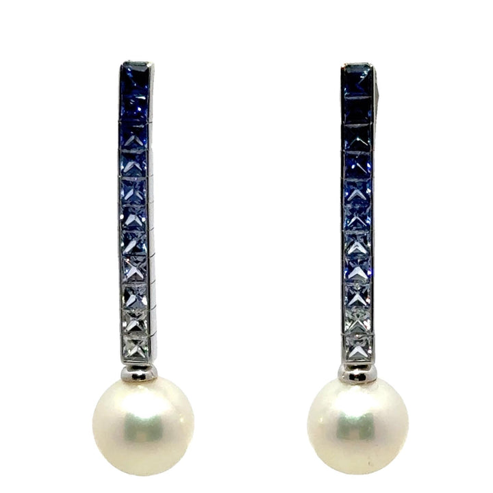 Sapphire Cultured Pearl 18 Karat White Gold Drop Earrings