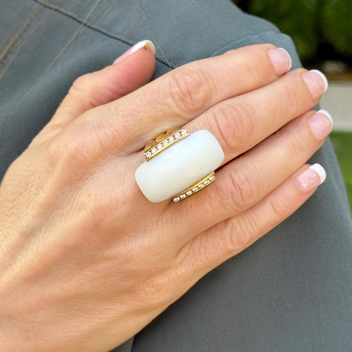 David Yurman Faceted White Agate Diamond 18 Karat Yellow Gold Cocktail Ring