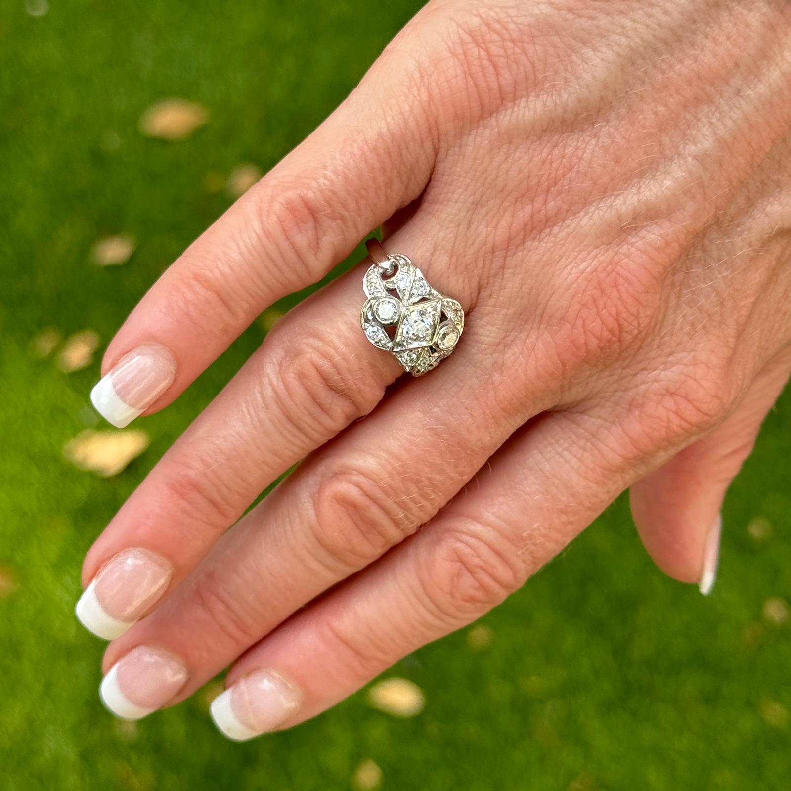 1940's Diamond 14 Karat White Gold Vintage Cocktail Ring