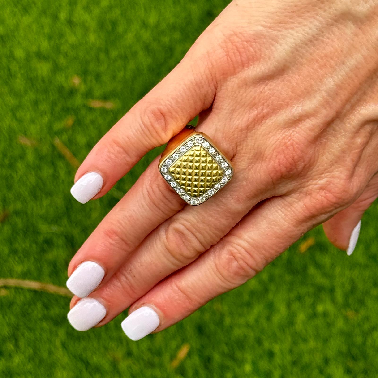 Diamond Yellow Gold Quilted Square Modern Ring