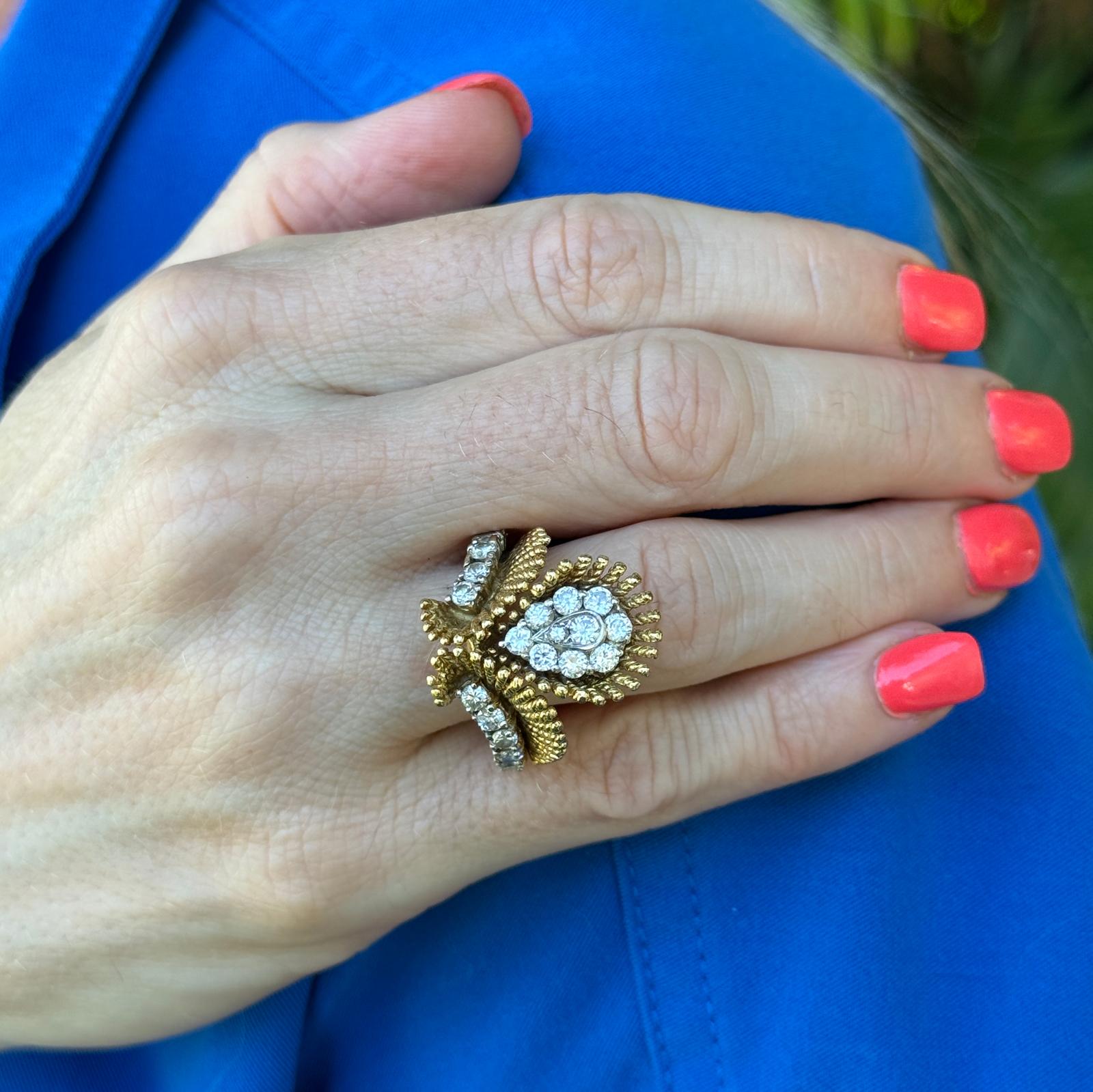 1960's Diamond Textured 18 Karat Yellow Gold Milgrain Contemporary Ring