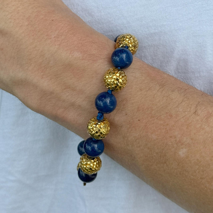 Lapis Lazuli Bead 18 Karat Yellow Textured Gold Ball Bracelet