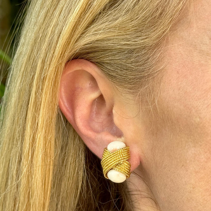 Angel Skin Coral 'X' Design 18 Karat Yellow Gold Rope Ear-Clip Earrings