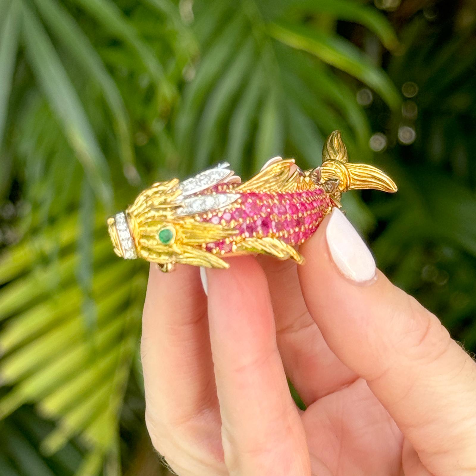 Diamond Ruby Emerald 18 Karat Yellow Gold Oriental Dragon Fish Vintage Brooch