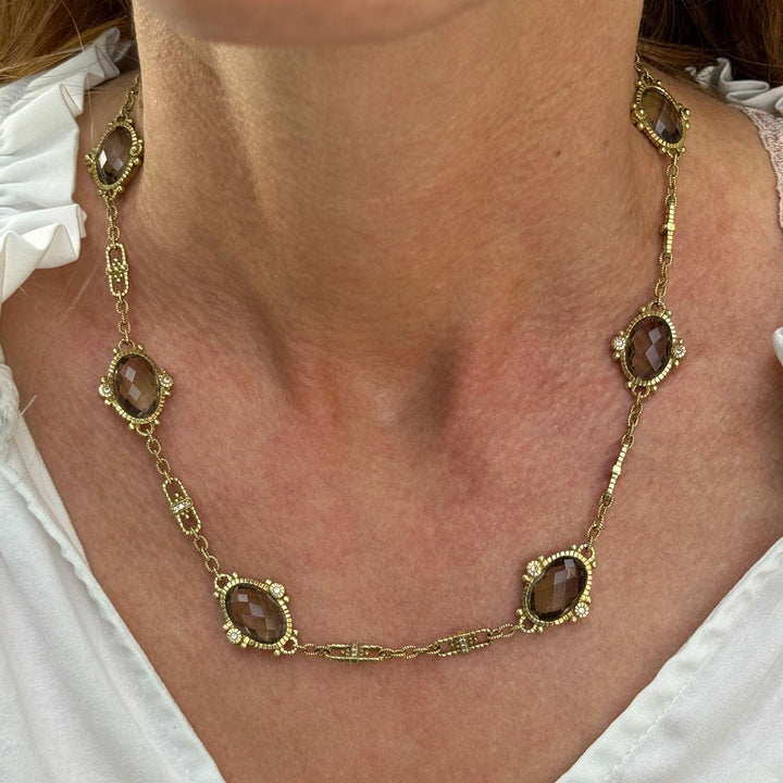 Judith Ripka Smokey Quartz Diamond 18 Karat Yellow Gold Link Necklace