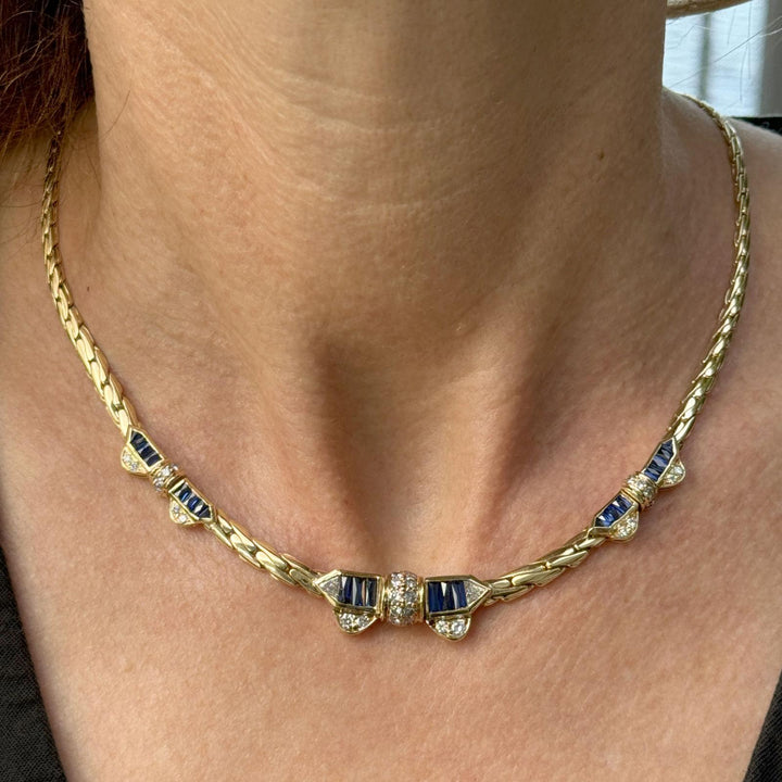 Late 20th Century Diamond Sapphire 18K Yellow Gold Bow Station Link Necklace