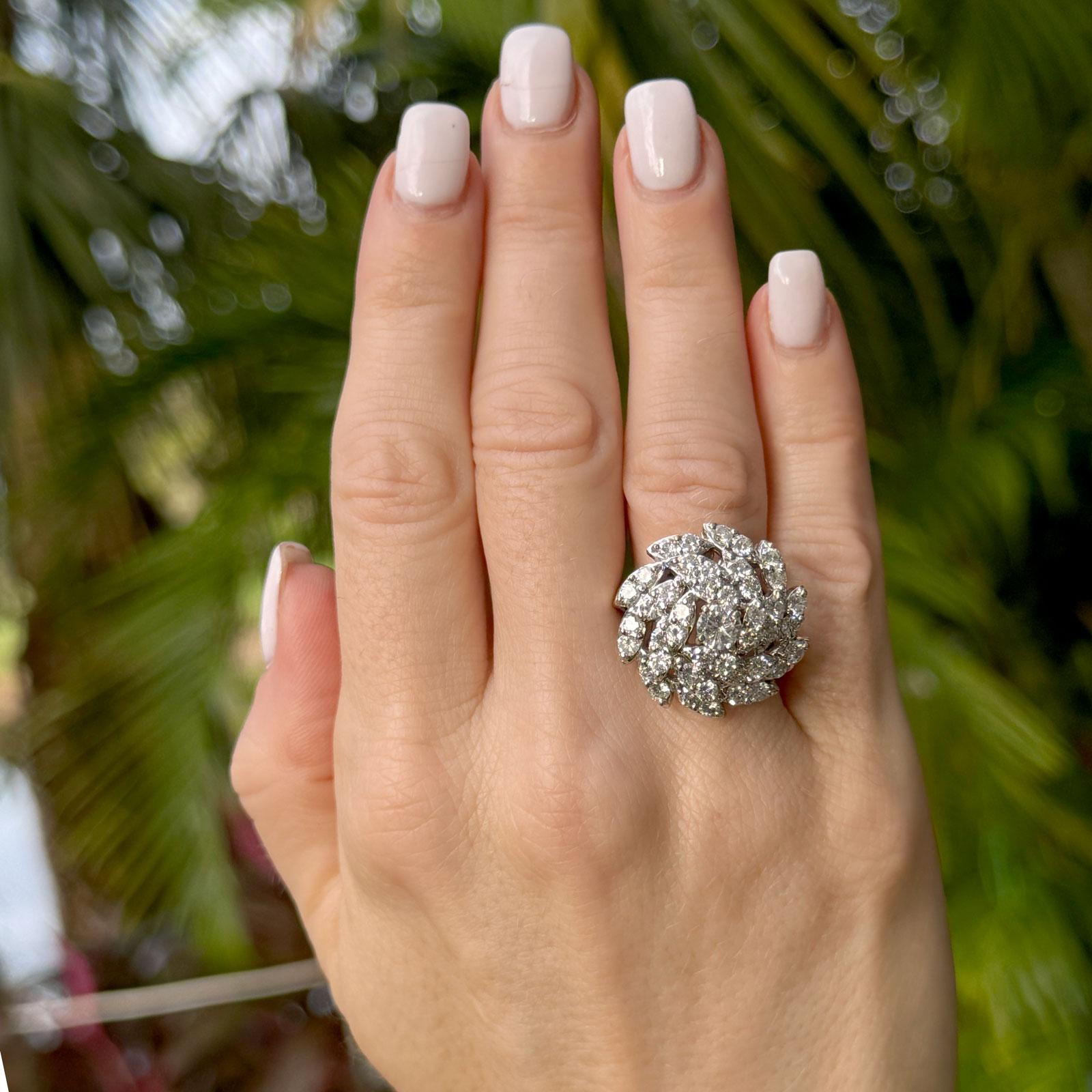 Mid-20th Century Diamond Spiral Cluster Cocktail Ring 14 Karat White Gold