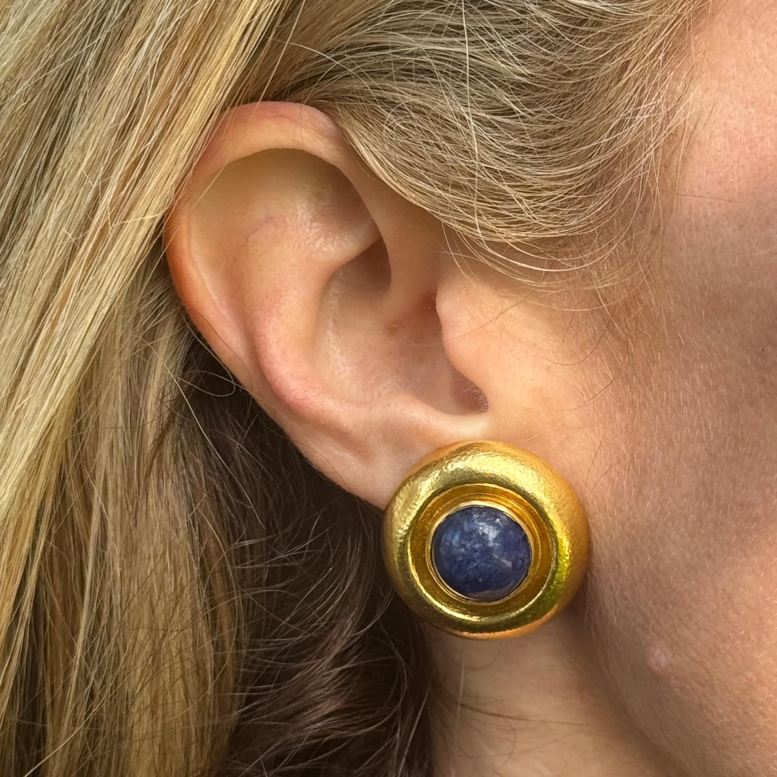 Ilias Lalaounis Sodalite 18 Karat Yellow Hammered Gold Button Earclip Earrings