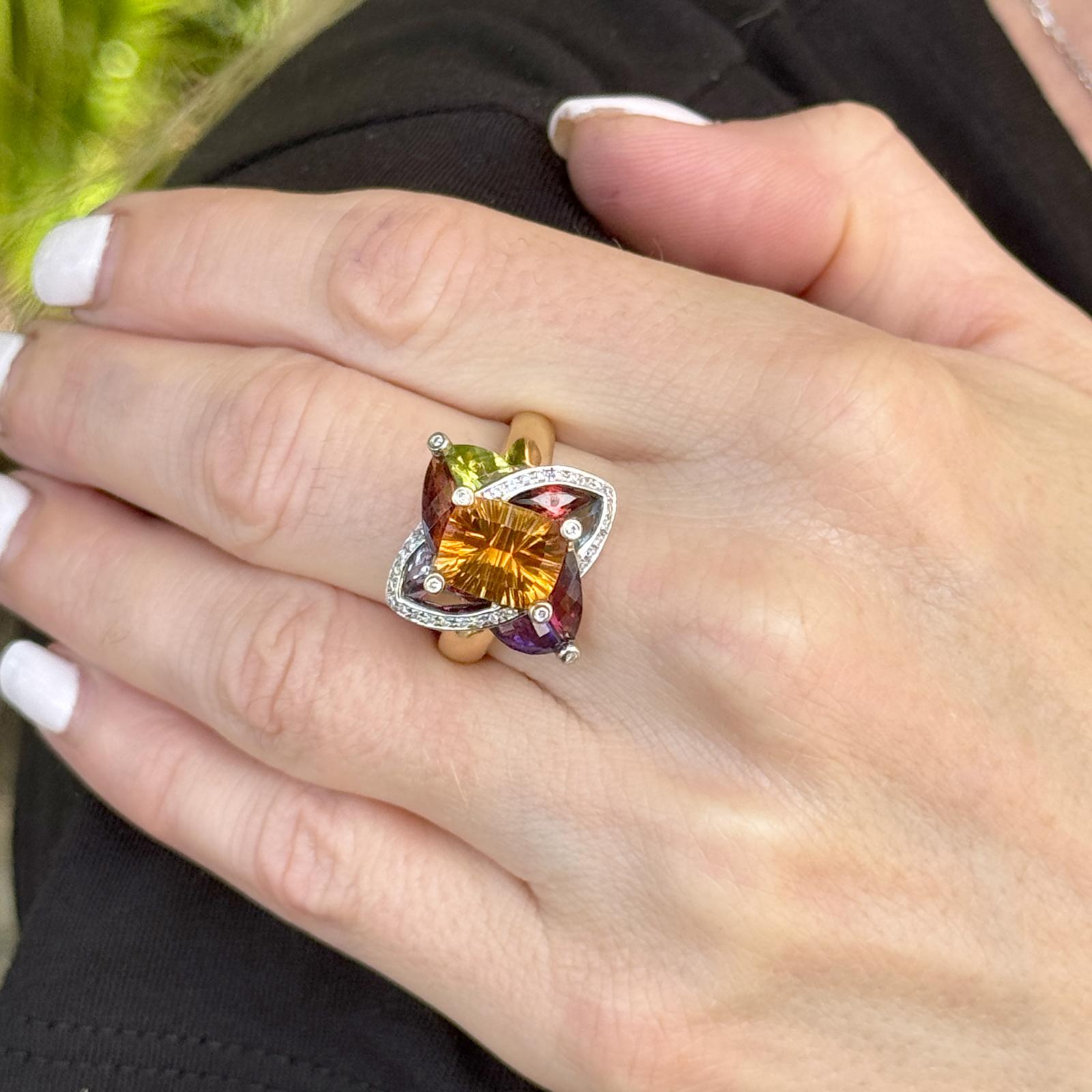 Contemporary Colorful Gemstone Diamond 18 Karat Yellow Gold Cocktail Ring