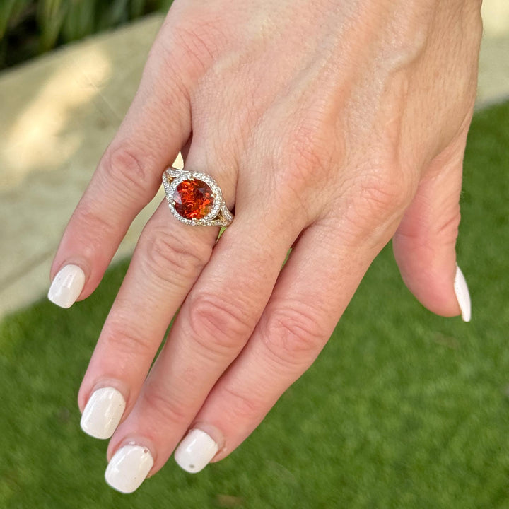 Round Orange Citrine Diamond 14 Karat Yellow Gold Cocktail Ring