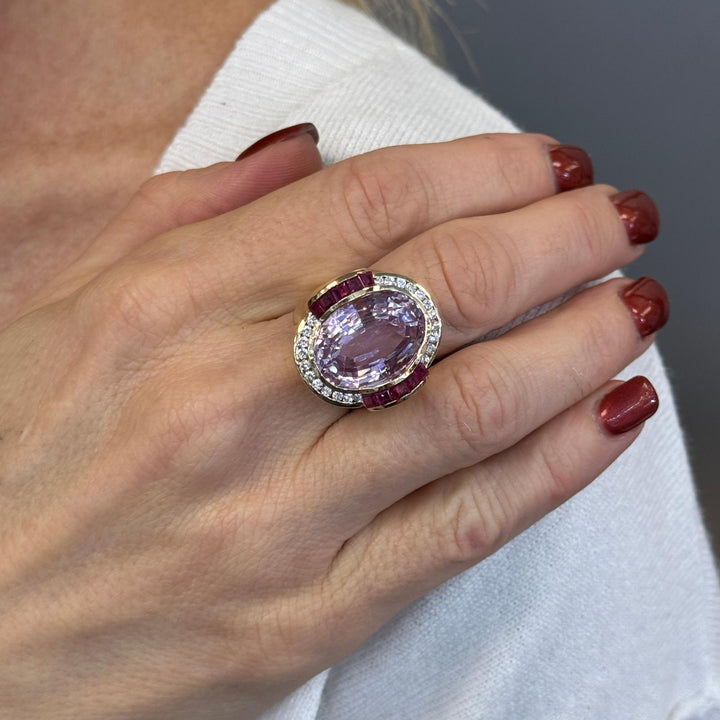 Oval Amethyst Garnet Diamond 14 Karat Yellow Gold Cocktail Ring