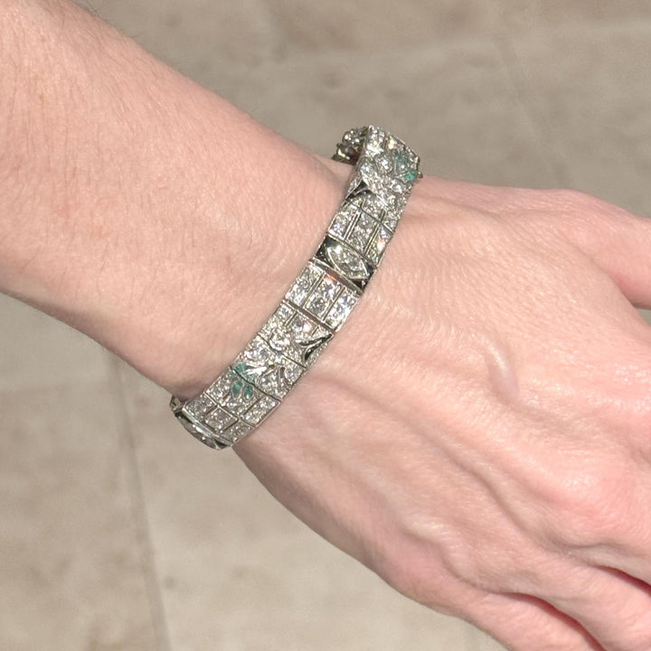 Art Deco Diamond Onyx Emerald Platinum Line Bracelet Early 20th Century