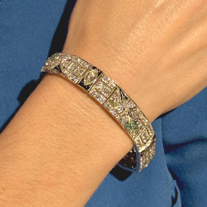 Art Deco Diamond Onyx Emerald Platinum Line Bracelet Early 20th Century