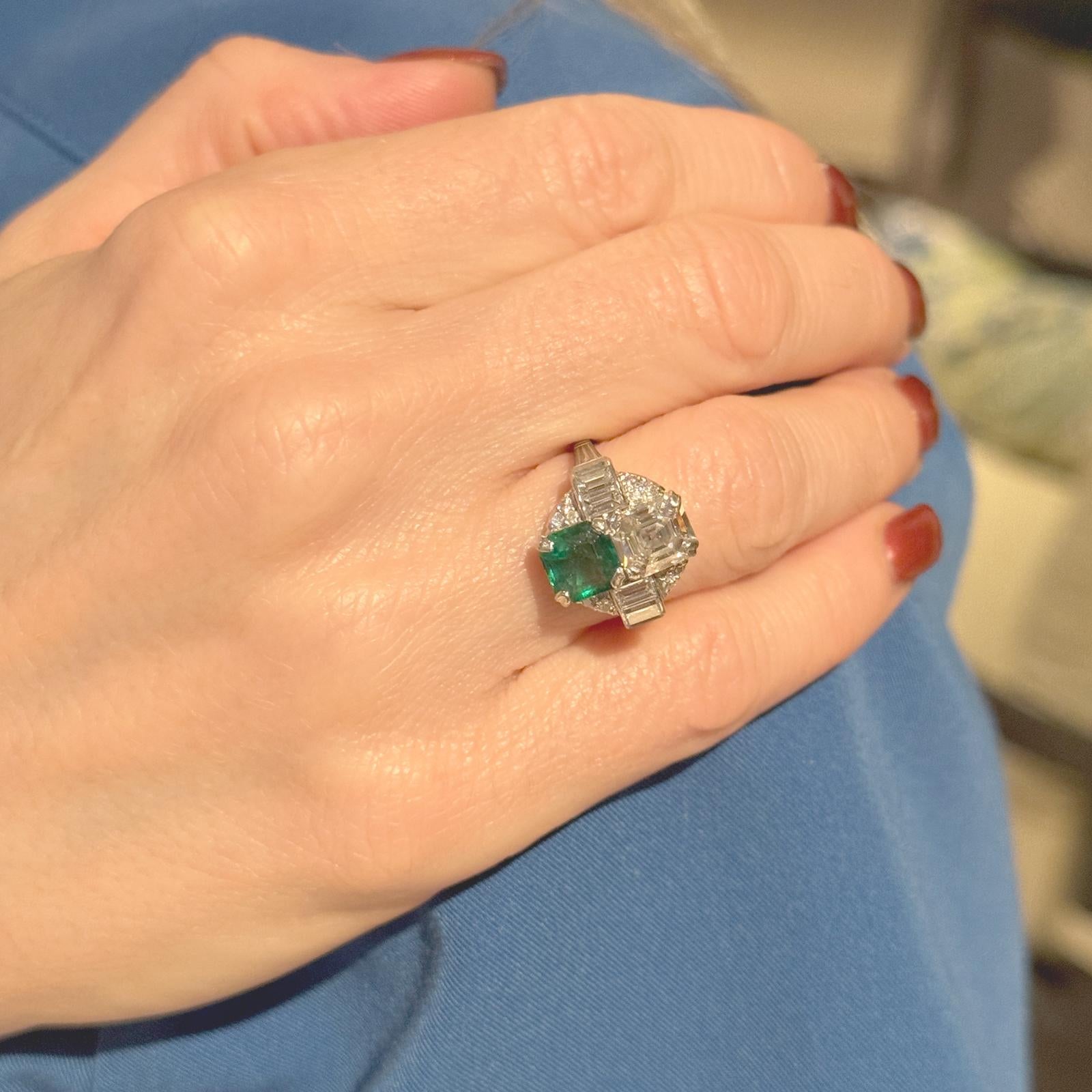 1950's Asscher Cut Diamond Emerald Platinum Vintage Cocktail Ring